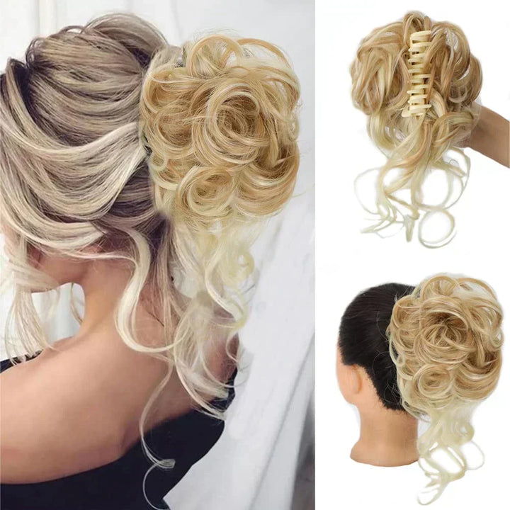 Instant messy bun hair clip, offering a voluminous and stylish curly updo.