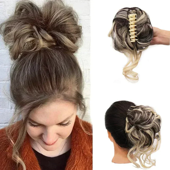 Achieve a quick, beautiful curly messy bun with this women's hair extension clip.