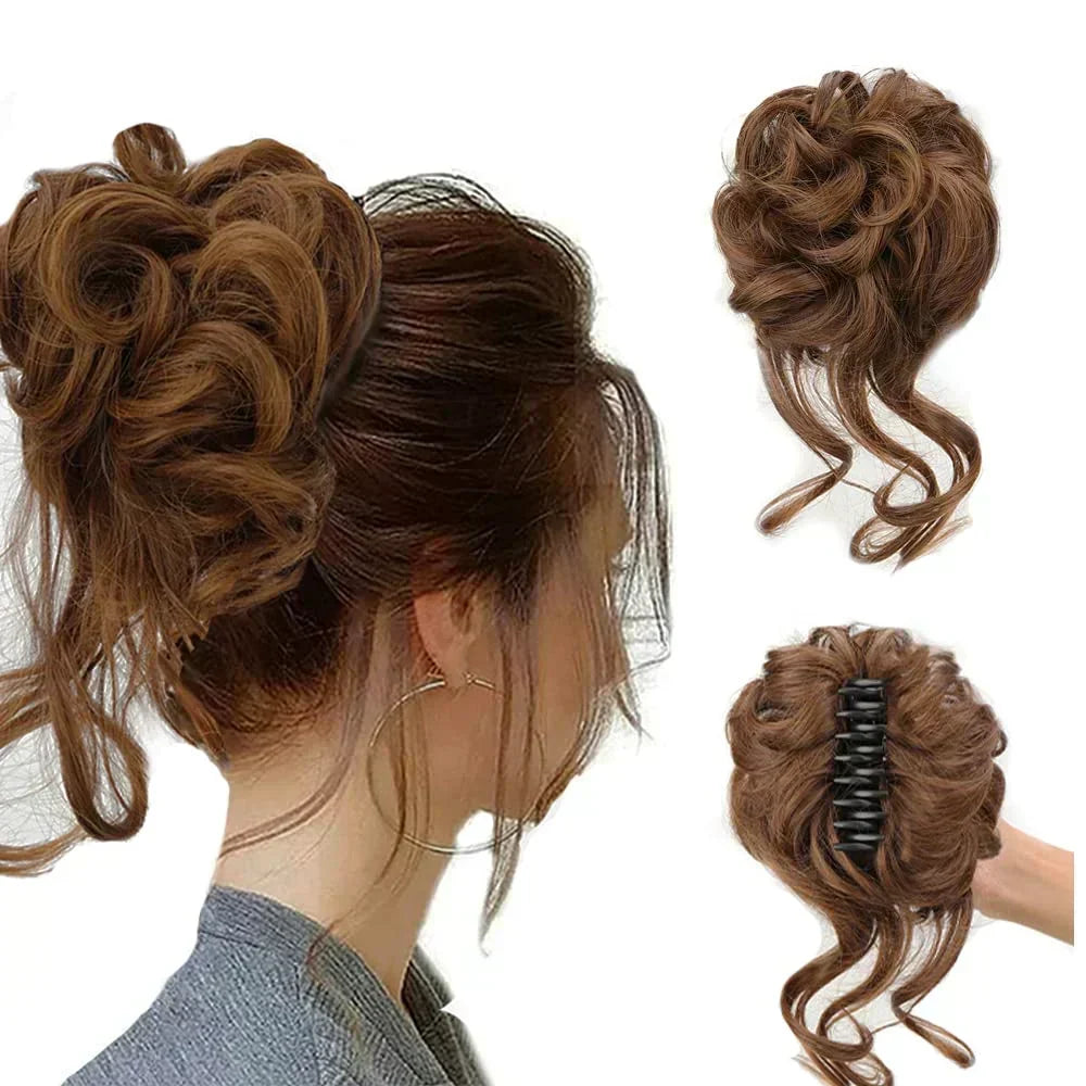 Voluminous curly hair clip for women, creating an instant messy bun updo.