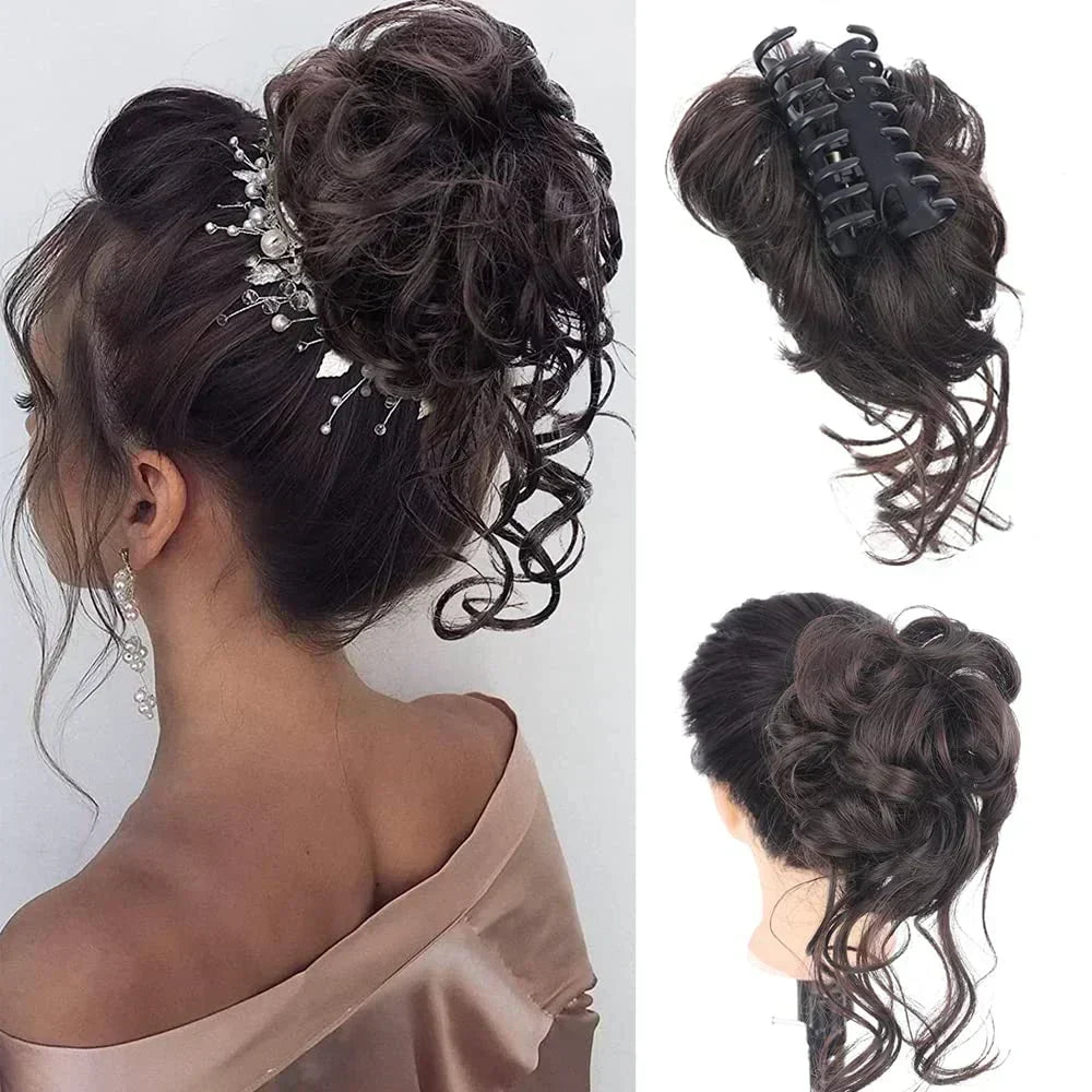 Women's quick hairstyle solution: Voluminous curly messy bun hair clip extension.