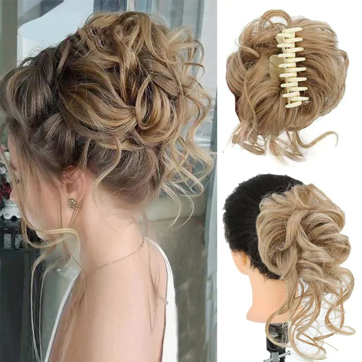 Natural-looking curly messy bun hair extension clip for women's updos.