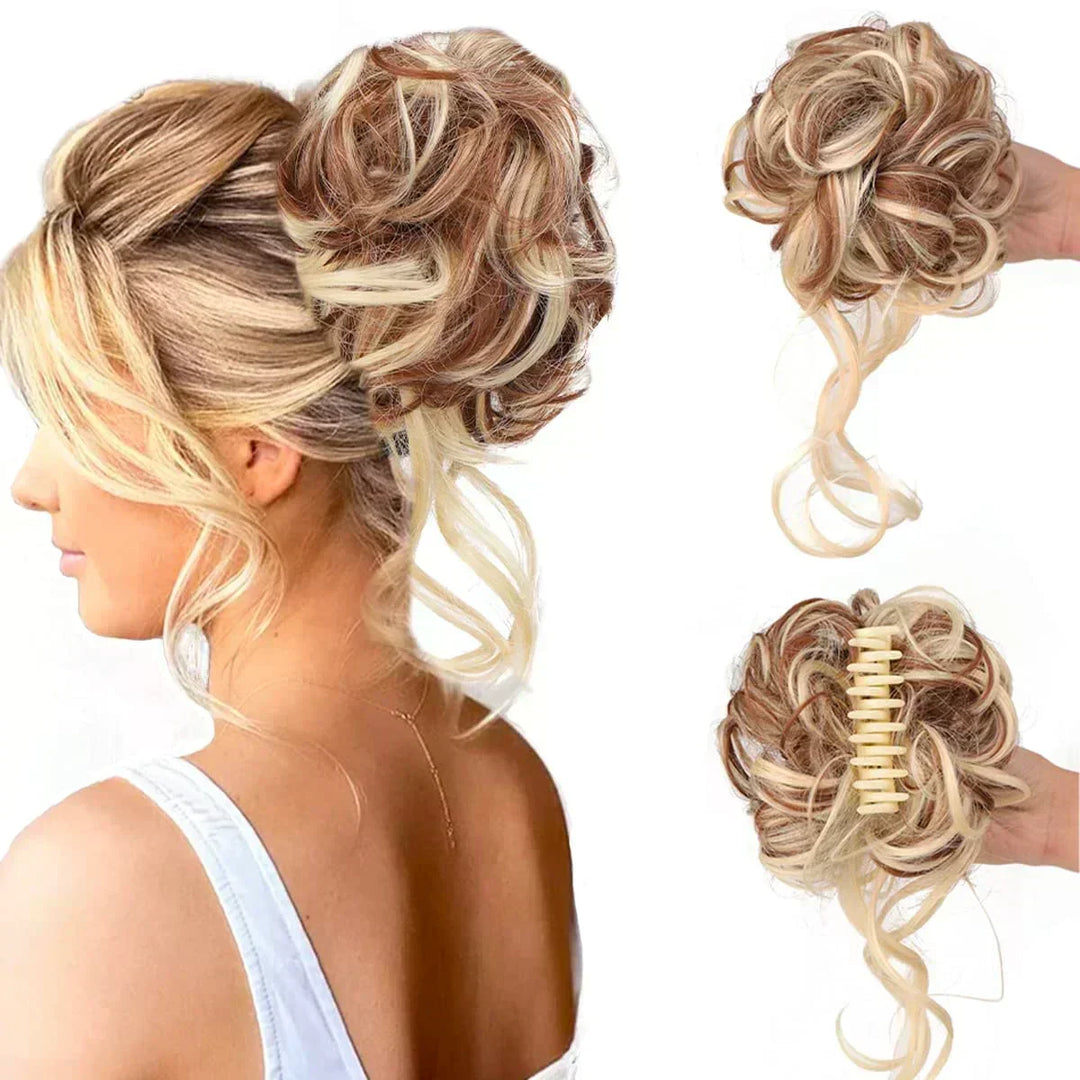 Quick & easy messy curly bun hair accessory for women. Perfect updo.