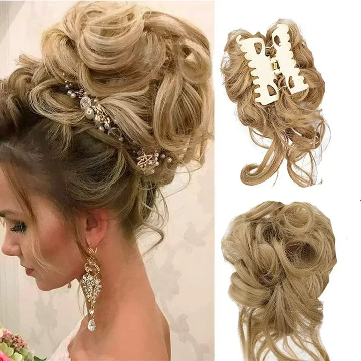 Voluminous curly hair extension clip, instant messy bun for a stylish updo.