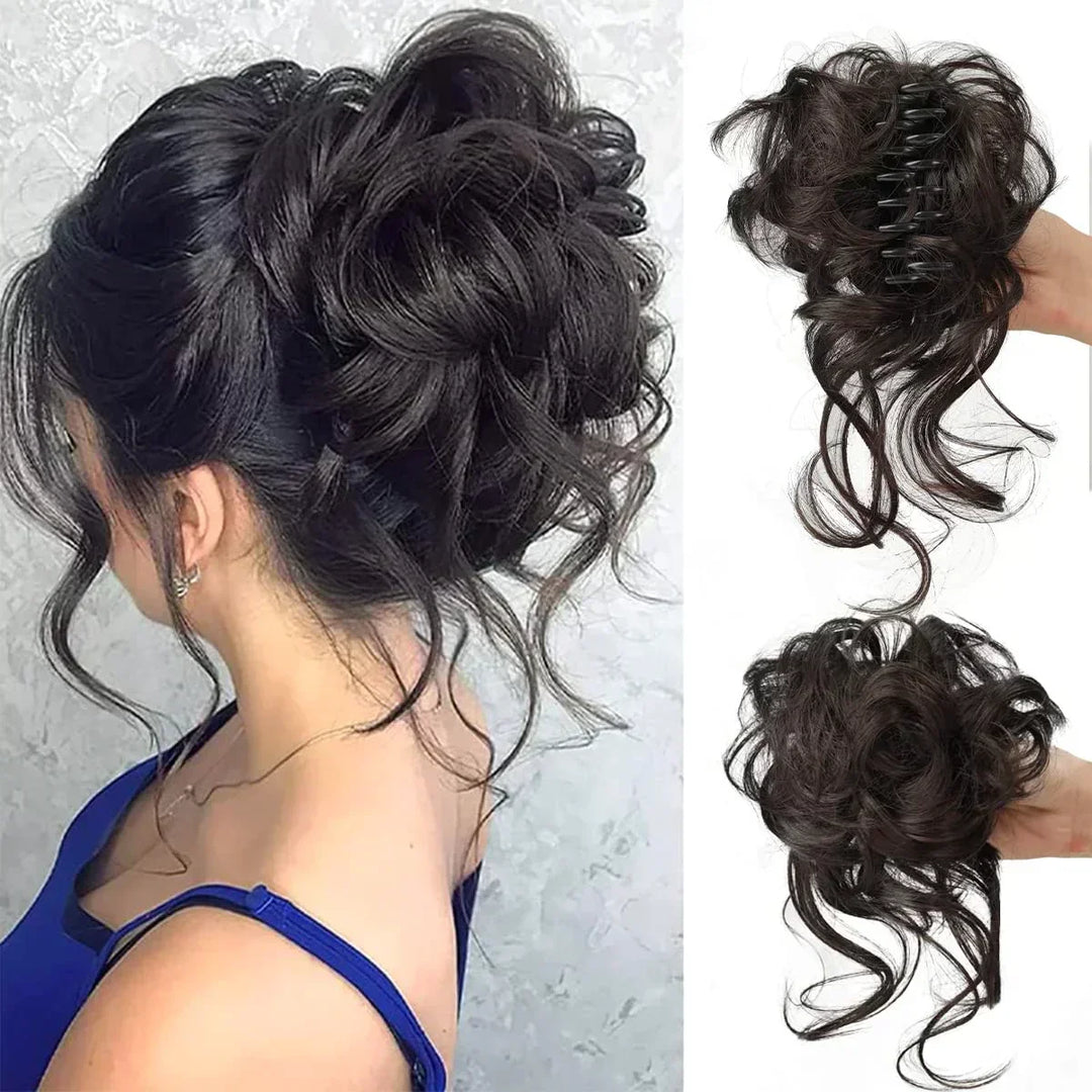 Realistic curly messy bun hair clip, perfect for women's quick hairstyles.