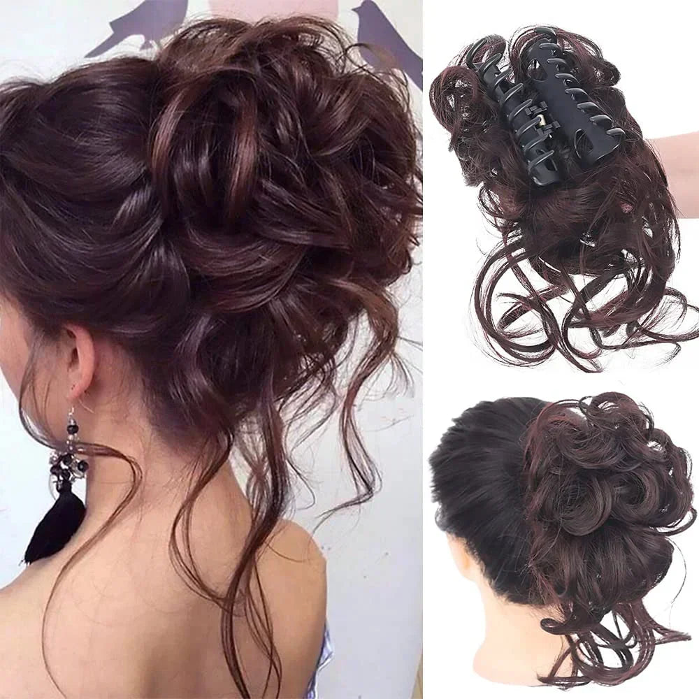 Voluminous messy bun hair extension with a secure clip for an updo.