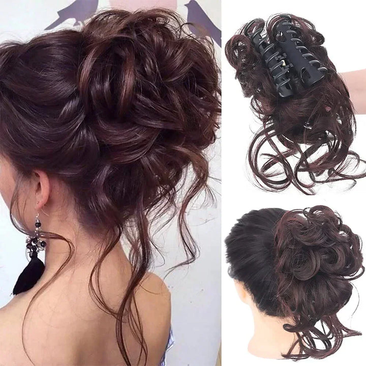 Voluminous messy bun hair extension with a secure clip for an updo.