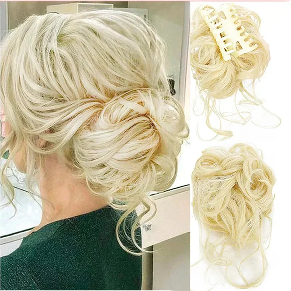 Stylish women's hair clip creating a voluminous, natural-looking messy bun.