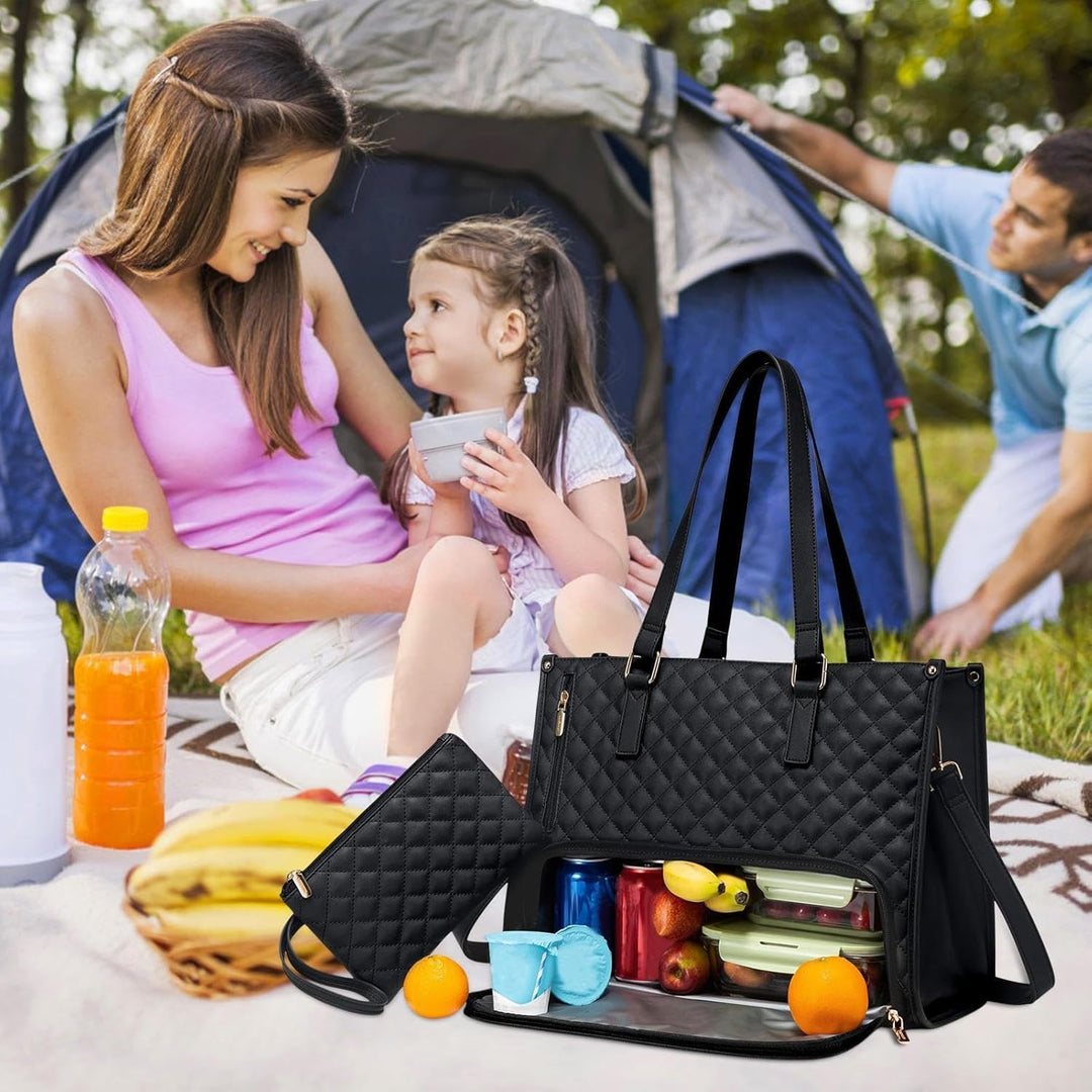 Stylish women's insulated lunch & laptop tote bag. Ideal for office, picnic, or travel with organizational features.