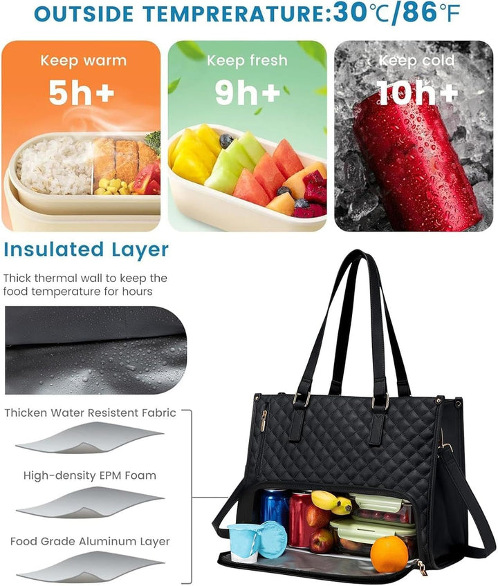 Versatile women's insulated 2-in-1 lunch & laptop tote, designed for work, daily commute, and travel organization.