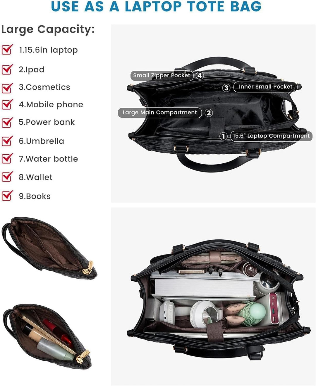 Insulated women's lunch tote with separate padded laptop compartment. Stylish and practical for work or travel.