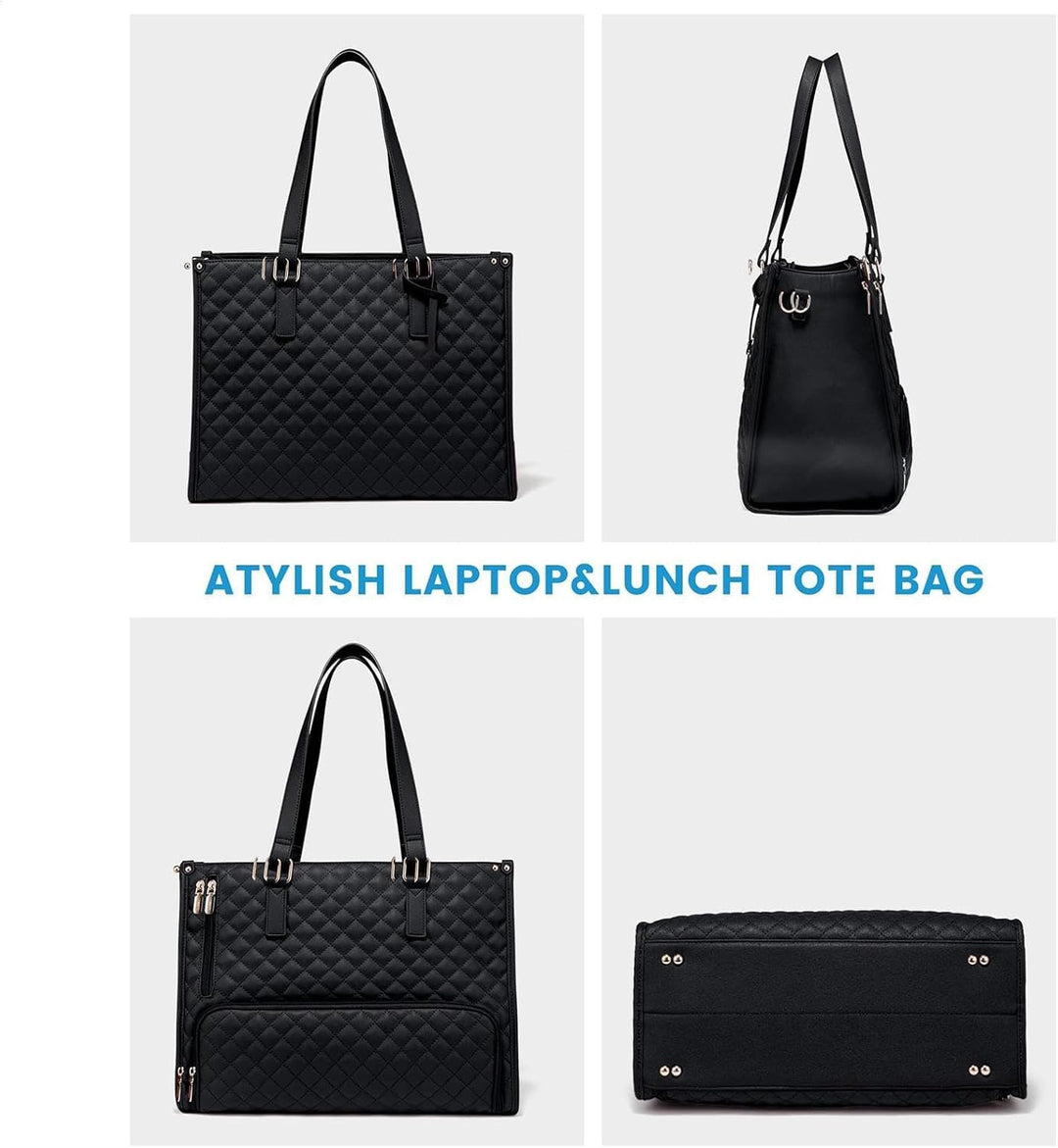 Close-up of a women's chic insulated lunch & laptop tote bag, showcasing its stylish design & practical compartments.
