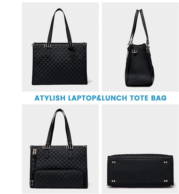 Close-up of a women's chic insulated lunch & laptop tote bag, showcasing its stylish design & practical compartments.