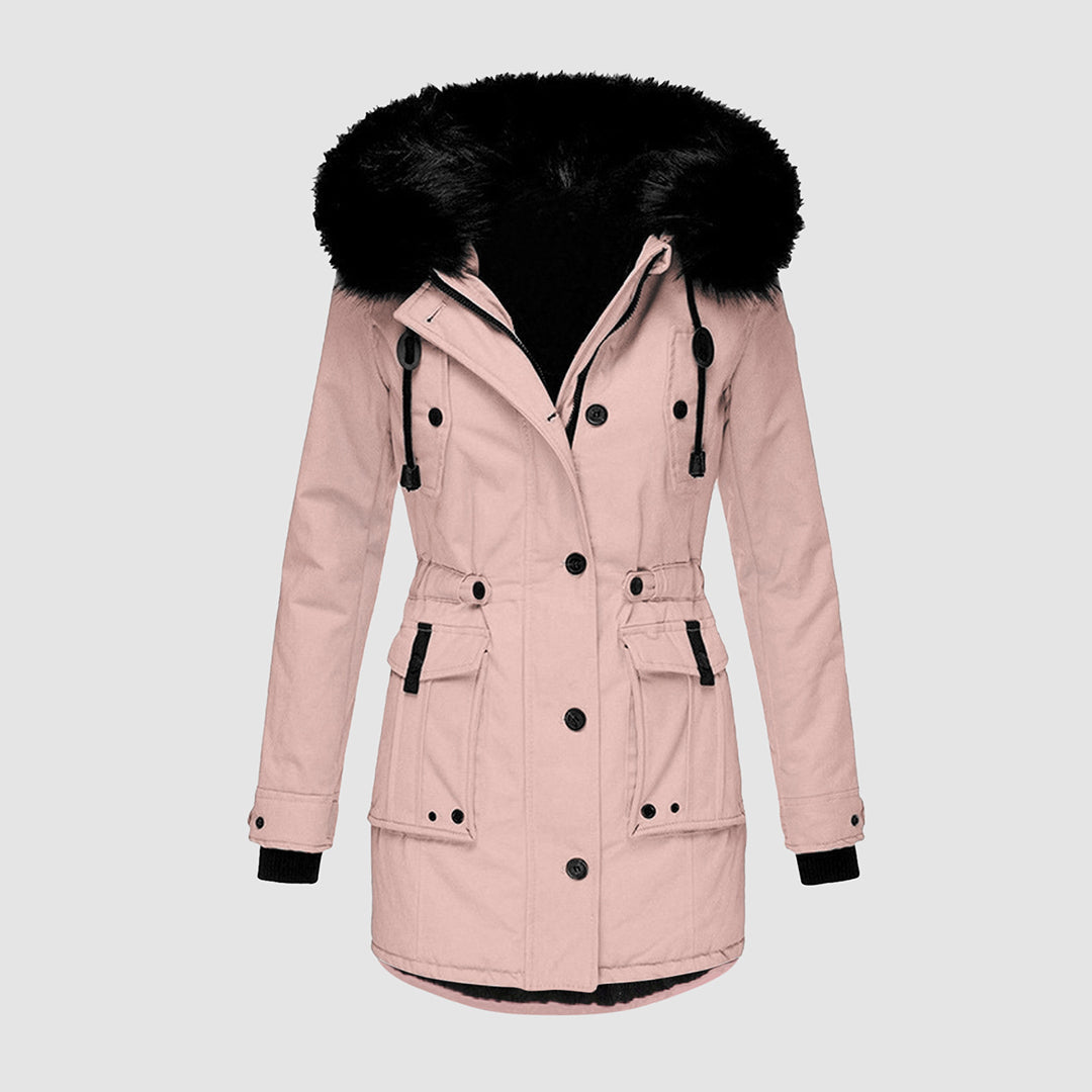 Durable outdoor women's insulated jacket, a warm hooded parka for winter adventures.