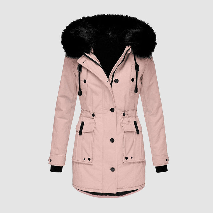 Durable outdoor women's insulated jacket, a warm hooded parka for winter adventures.