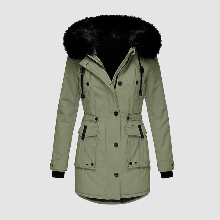 Insulated women's parka with a warm hood, essential weatherproof winter jacket for cold climates.
