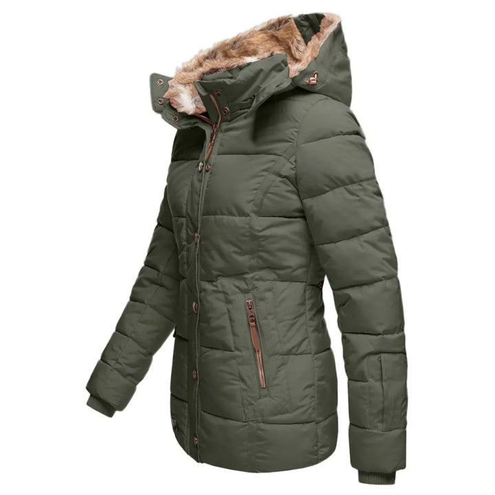 Women's insulated hooded winter jacket with chic faux fur trim for warmth.