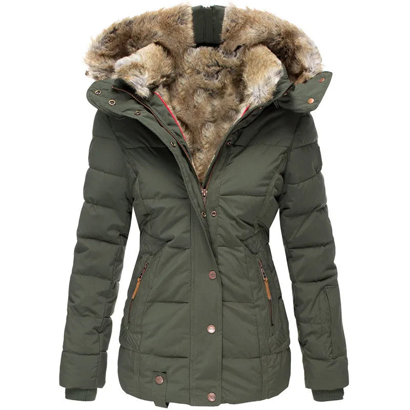 Women's cold weather jacket, insulated with a stylish faux fur trimmed hood.