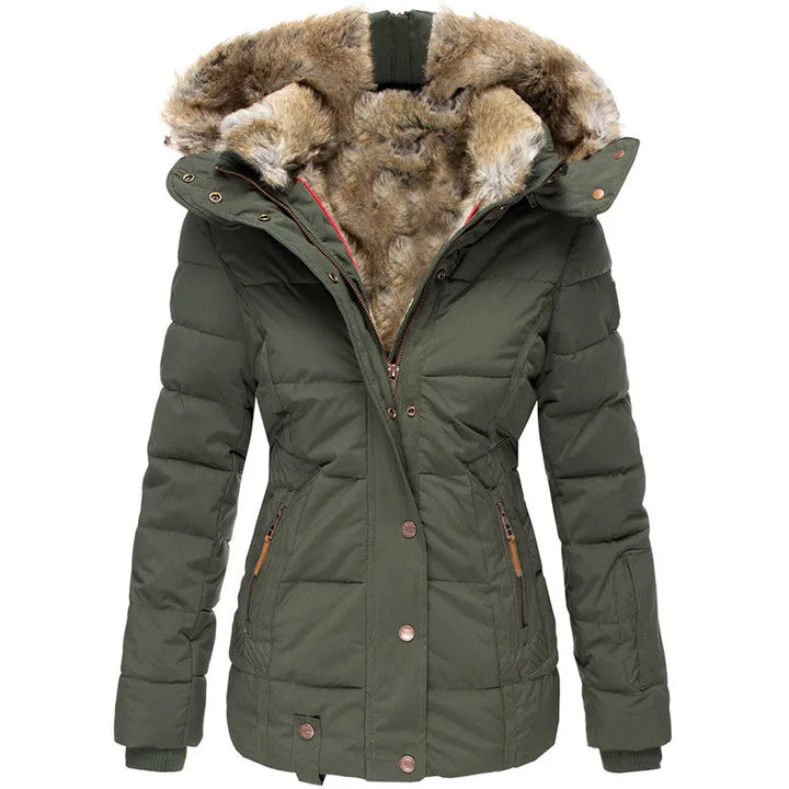 Women's cold weather jacket, insulated with a stylish faux fur trimmed hood.
