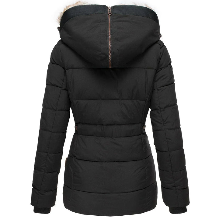 Cozy women's insulated jacket with faux fur hood, perfect for cold weather.