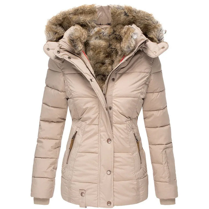 Versatile women's insulated winter jacket, ideal for cold weather fashion.