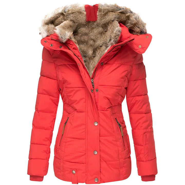 Women's hooded jacket with insulation, offering warmth and elegant style.