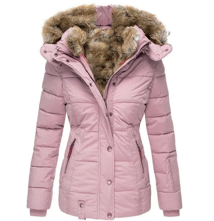 Stay warm in style: women's insulated winter jacket with cozy faux fur hood.