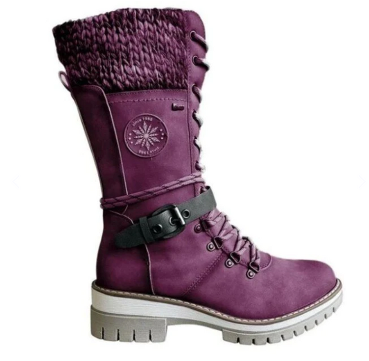 Side view of women's insulated winter boots, showcasing warm lining, durable non-slip sole, & stylish design.