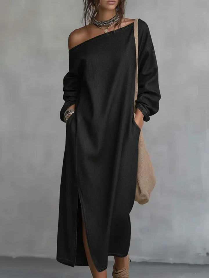 Elegant women's one shoulder flowy maxi dress, ideal for a chic summer look or comfortable vacation outfits.