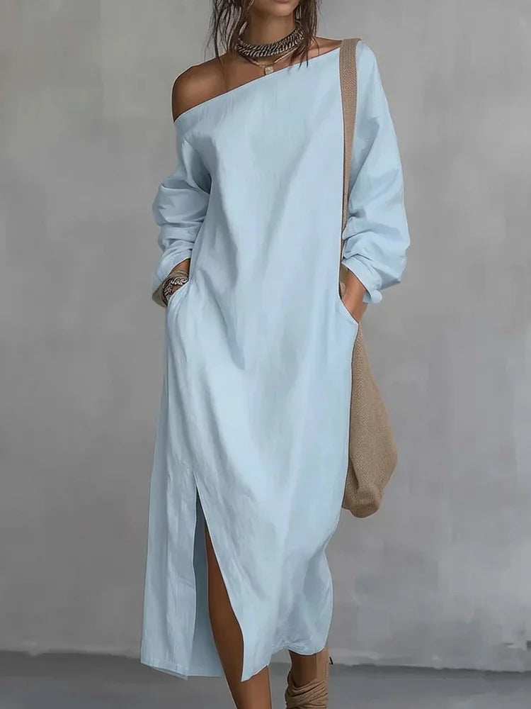 Relaxed fit Kaylee one shoulder maxi dress, offering a breezy, flowy feel perfect as a stylish summer beach dress.