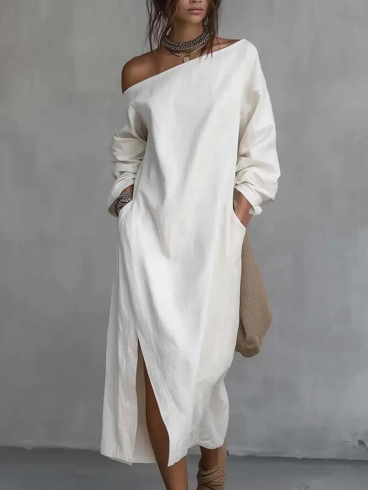 Sleeveless one shoulder Kaylee maxi dress, a versatile and comfortable flowy design for casual and vacation wear.