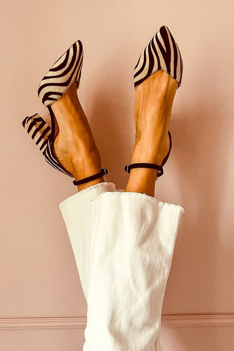 Women's khaki zebra print sandals with an elegant ankle strap and stable block heel, perfect for summer fashion.
