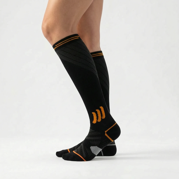 Supportive women's knee-high compression socks for improved circulation and reducing leg swelling.