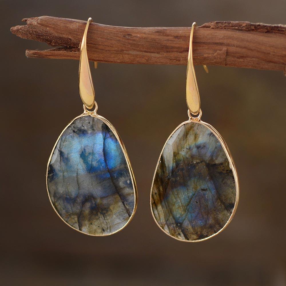 Women's Labradorite Dreamy Drop Earrings, iridescent spiritual gemstone jewelry for elegance & intuition.