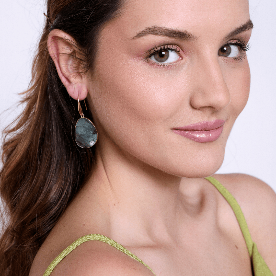 Handmade women's Labradorite drop earrings, mystical healing crystal jewelry with unique iridescent flashes.