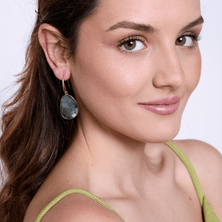 Handmade women's Labradorite drop earrings, mystical healing crystal jewelry with unique iridescent flashes.