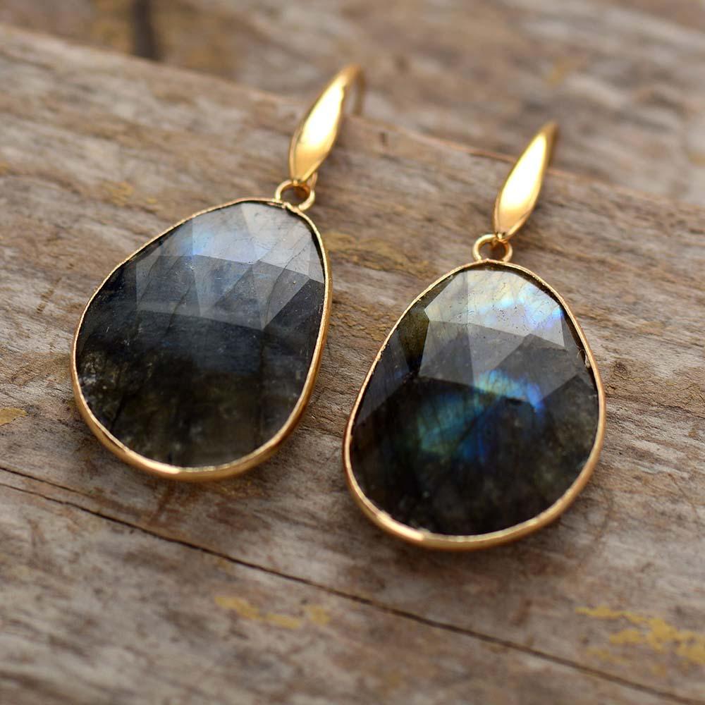 Spiritual women's Labradorite drop earrings, shimmering gemstone for healing & intuition.