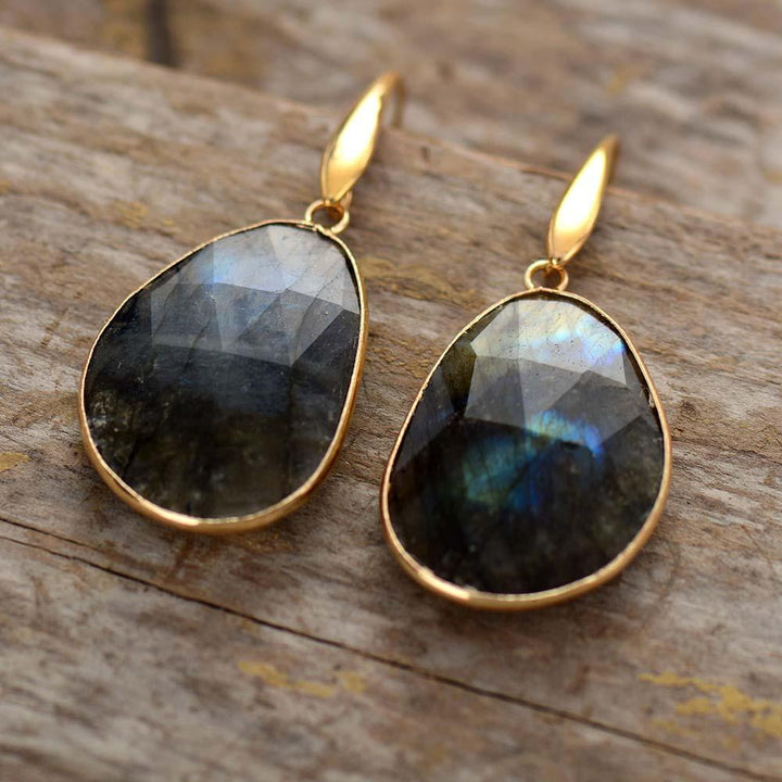Spiritual women's Labradorite drop earrings, shimmering gemstone for healing & intuition.