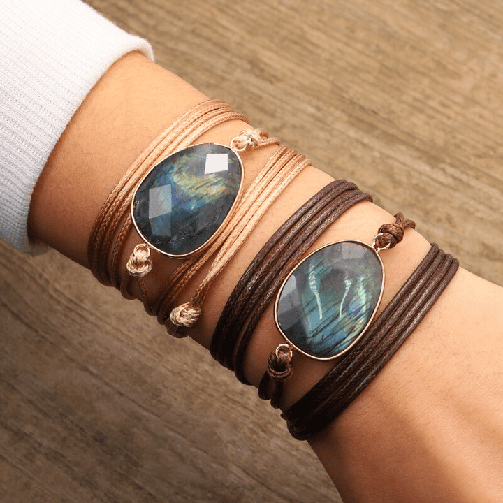Women's Labradorite rope-wrap bracelet. Bohemian style with shimmering grey-blue crystals, perfect women's accessory.