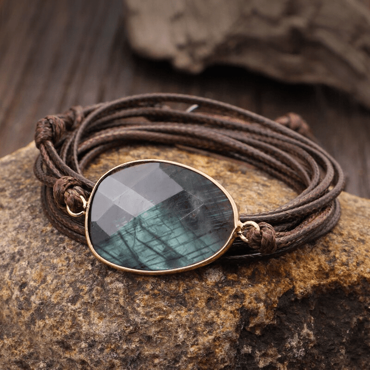 Labradorite rope-wrap bracelet for women. Crystal healing jewelry promoting intuition and balance, a spiritual gift.