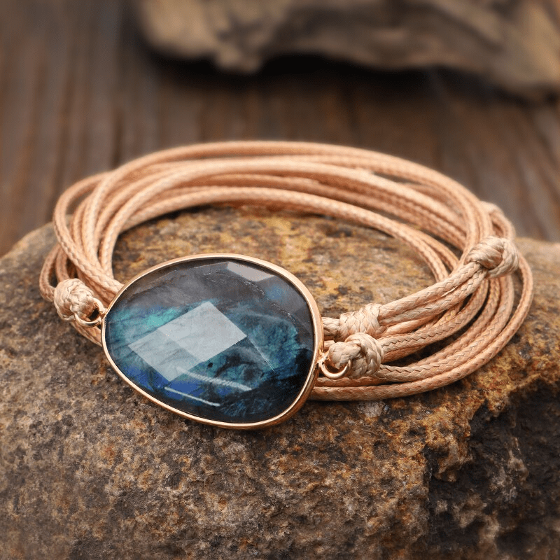 Elegant women's labradorite rope-wrap bracelet, a unique bohemian accessory for daily wear or spiritual practice.