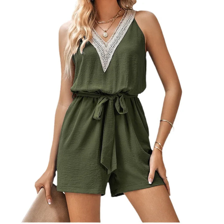 Women's lace-trim V-neck sleeveless romper with a stylish tie waist, perfect for summer fashion & vacations.