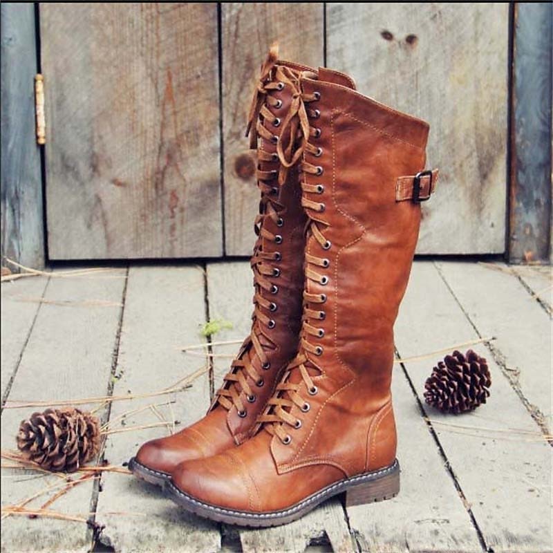 Women's lace-up knee-high riding boots. Casual, comfortable, and stylish for everyday fall & winter wear.