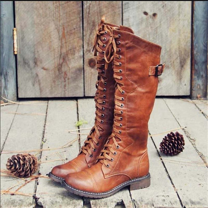 Women's lace-up knee-high riding boots. Casual, comfortable, and stylish for everyday fall & winter wear.