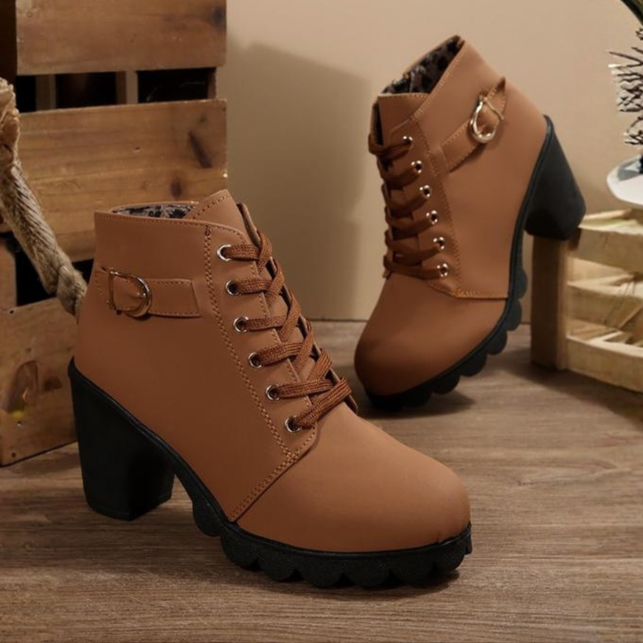 Stylish women's lace-up block heel ankle boots, designed with orthopedic comfort & arch support for everyday.