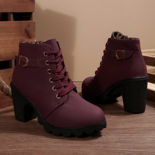 Fashionable women's lace-up block heel ankle boots with orthopedic arch support, ideal for fall/winter comfort.