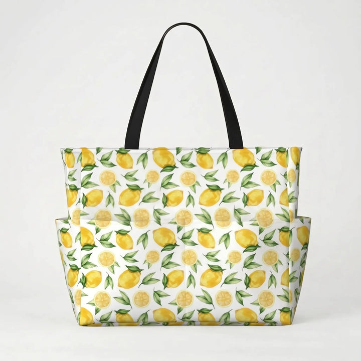 Trendy women's tropical lemon print large beach tote, a stylish accessory for sunny days.