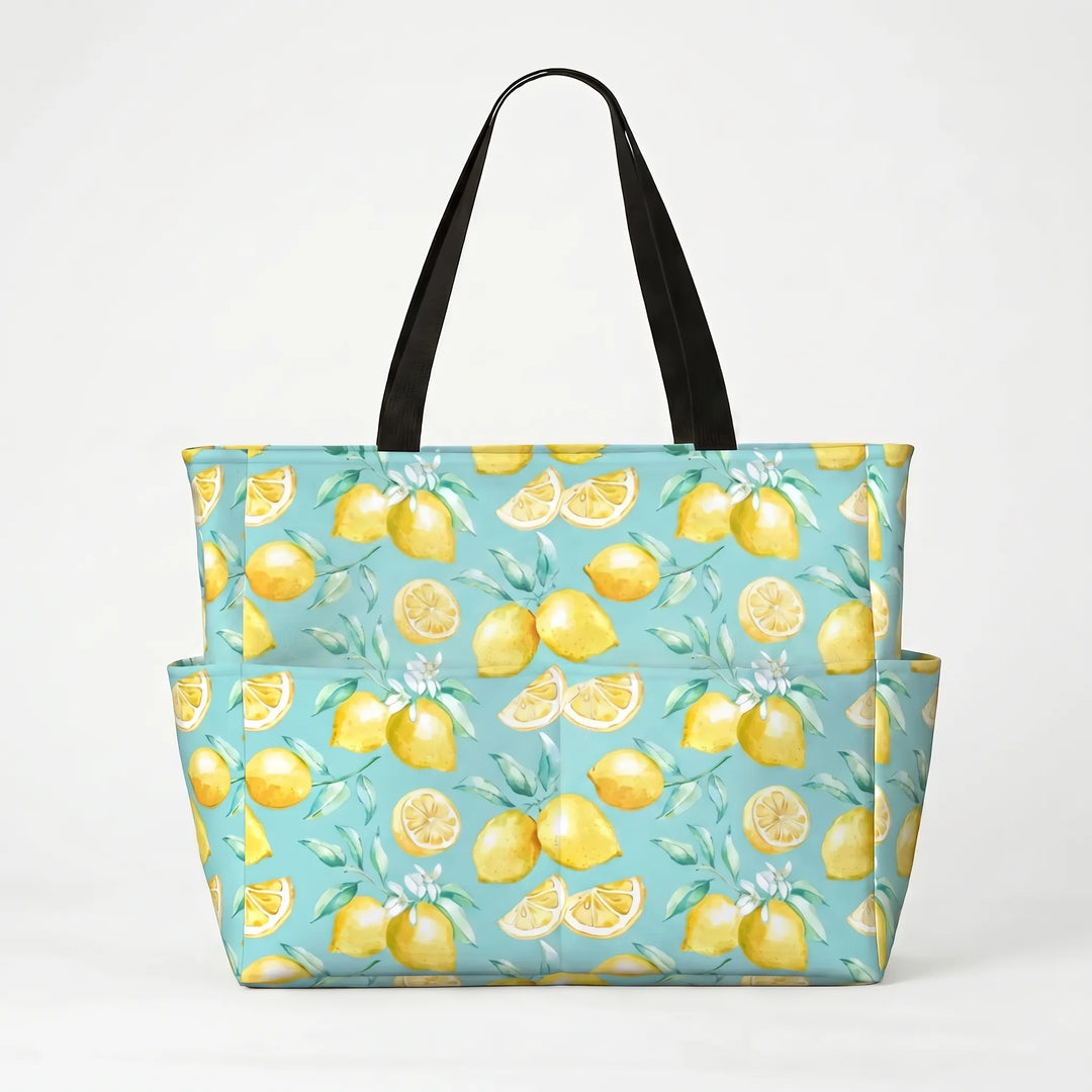 Large women's tropical lemon print beach shoulder bag, water-resistant & perfect for travel.