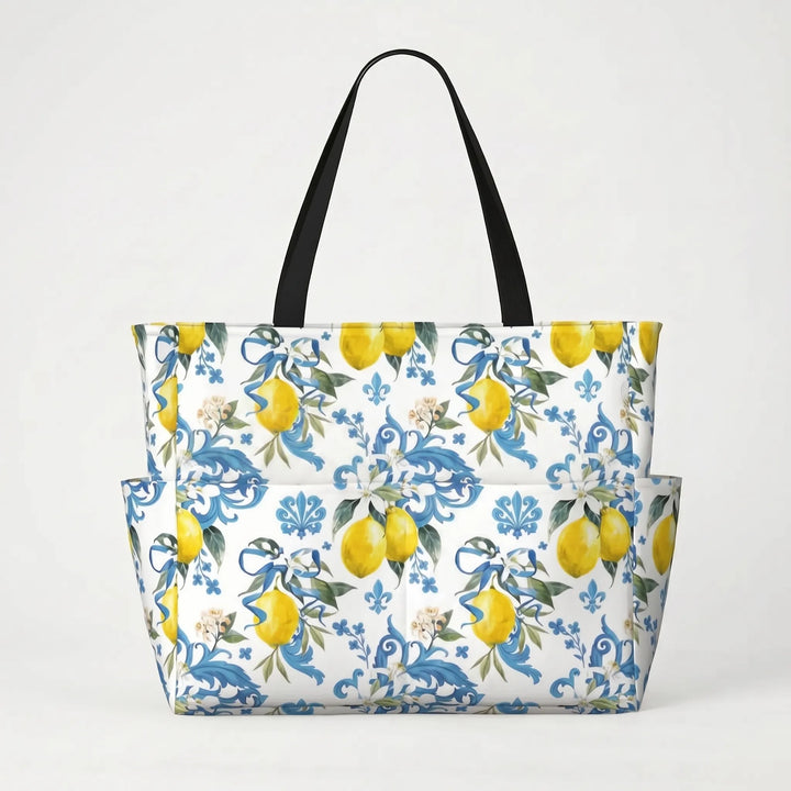 Women's large tropical lemon print beach tote bag, essential for a chic summer vacation.