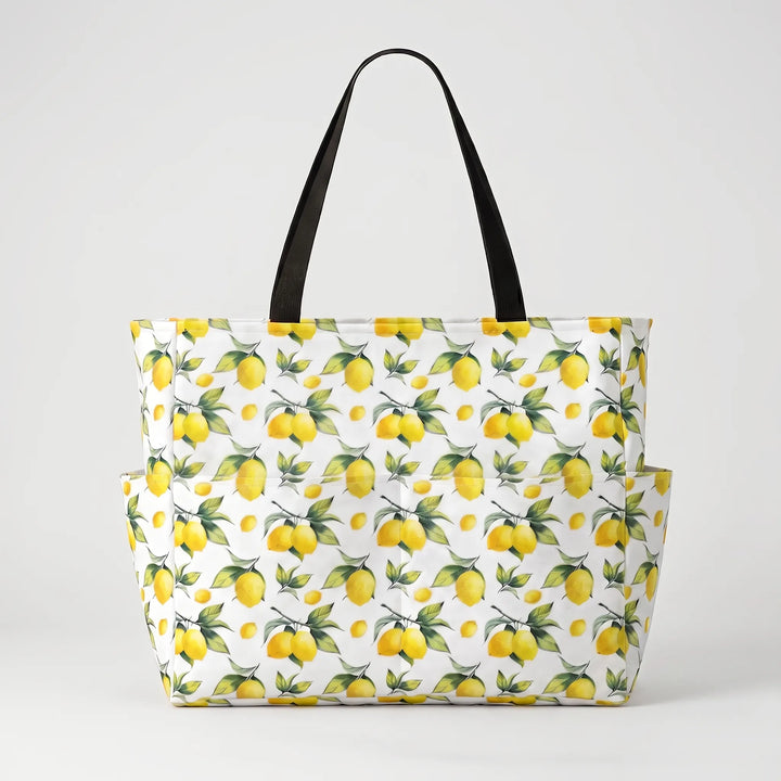 Stylish tropical lemon print large beach tote for women, a vibrant summer accessory.