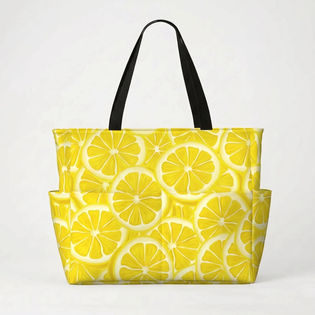 Must-have women's tropical lemon print travel tote bag for beach vacations & summer trips.
